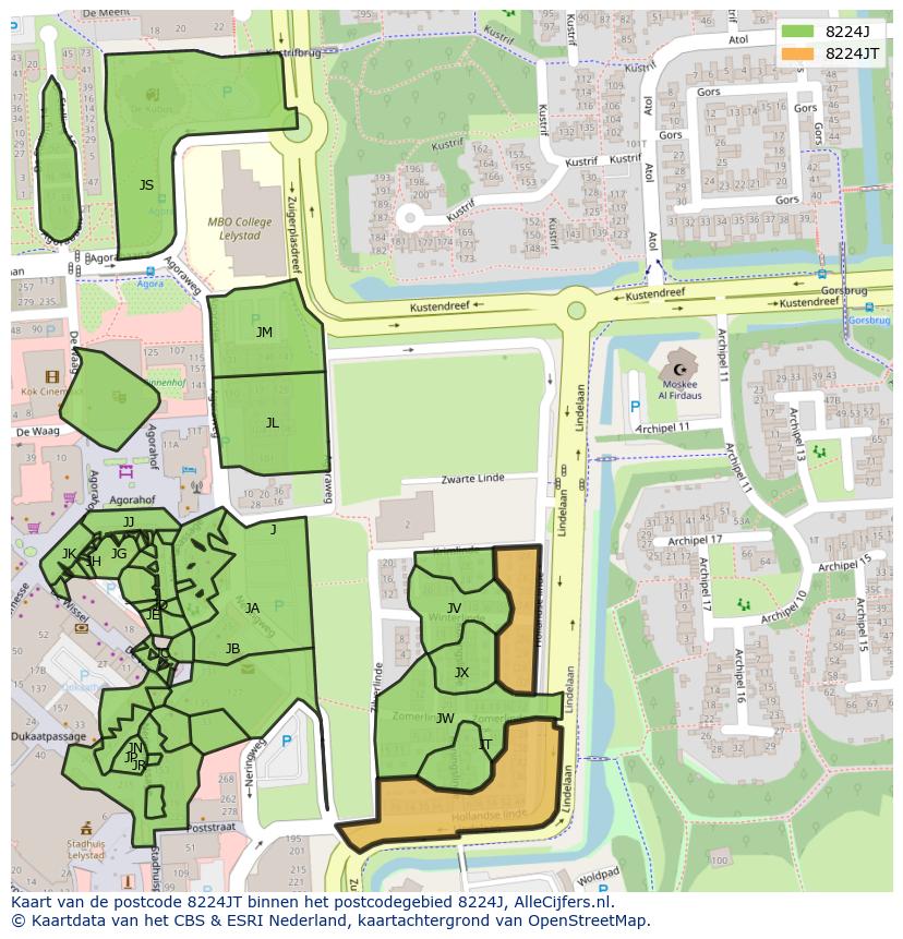 Afbeelding van het postcodegebied 8224 JT op de kaart.