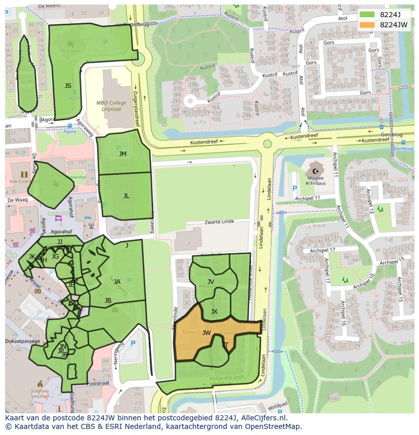 Afbeelding van het postcodegebied 8224 JW op de kaart.