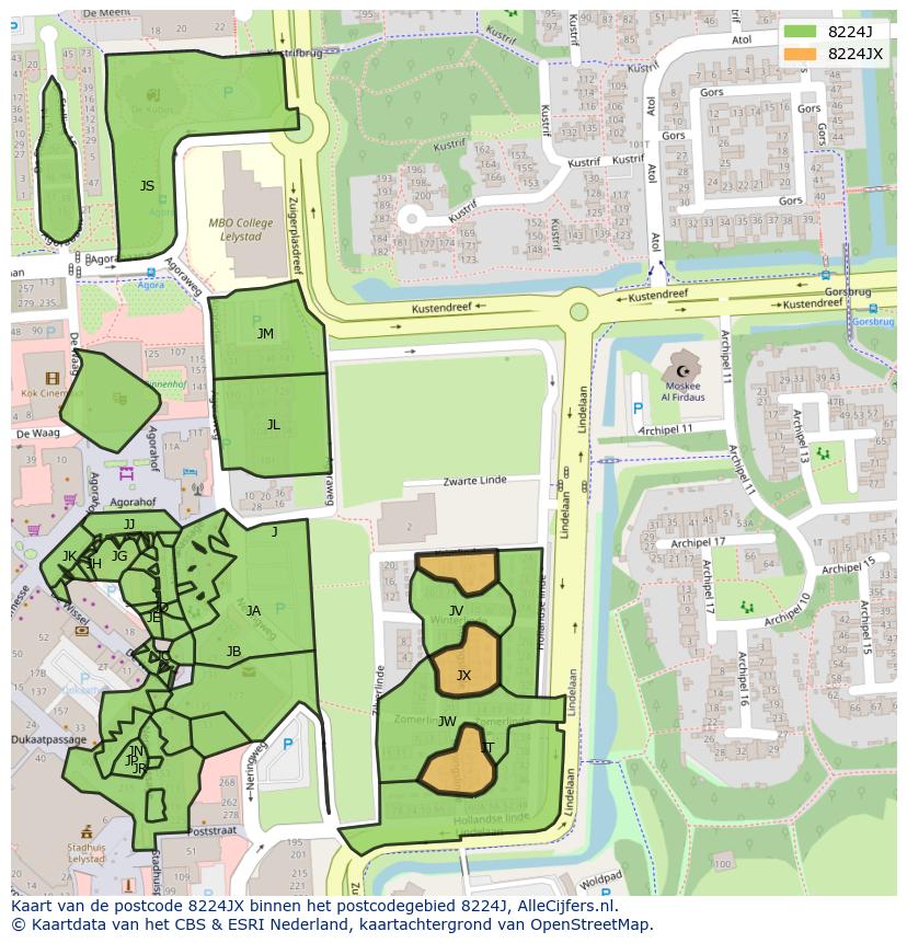 Afbeelding van het postcodegebied 8224 JX op de kaart.