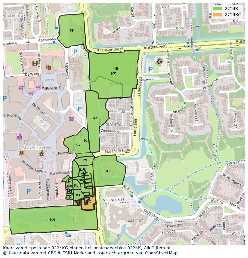 Afbeelding van het postcodegebied 8224 KG op de kaart.