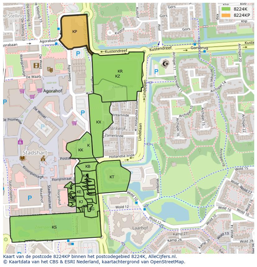 Afbeelding van het postcodegebied 8224 KP op de kaart.