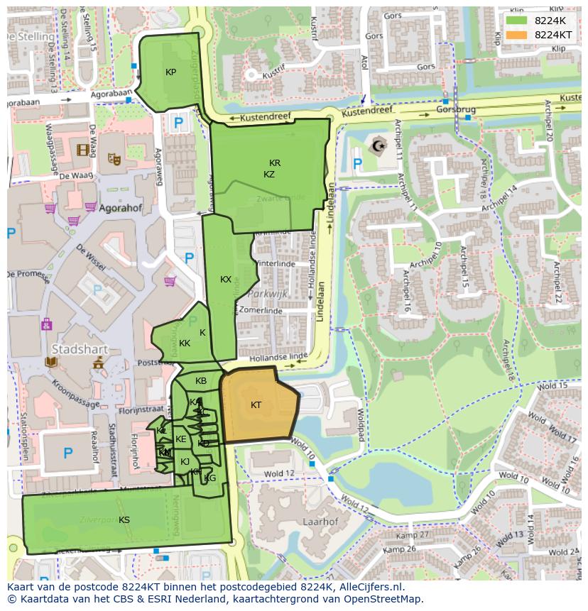Afbeelding van het postcodegebied 8224 KT op de kaart.