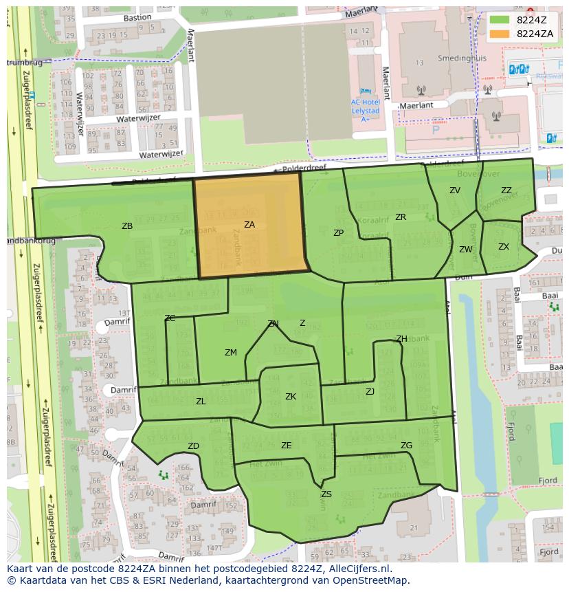 Afbeelding van het postcodegebied 8224 ZA op de kaart.