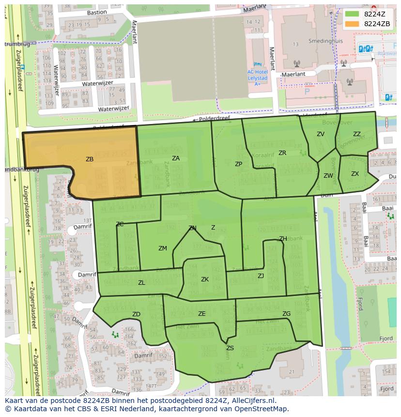 Afbeelding van het postcodegebied 8224 ZB op de kaart.