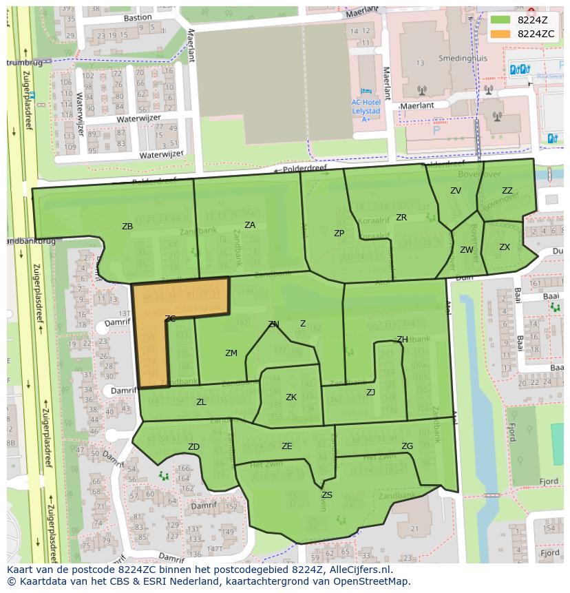Afbeelding van het postcodegebied 8224 ZC op de kaart.