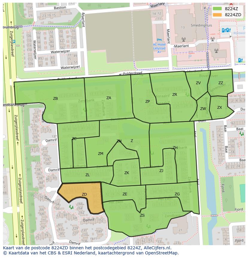 Afbeelding van het postcodegebied 8224 ZD op de kaart.