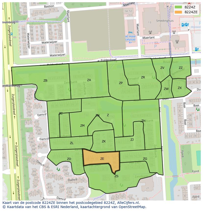 Afbeelding van het postcodegebied 8224 ZE op de kaart.