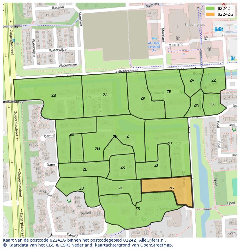 Afbeelding van het postcodegebied 8224 ZG op de kaart.