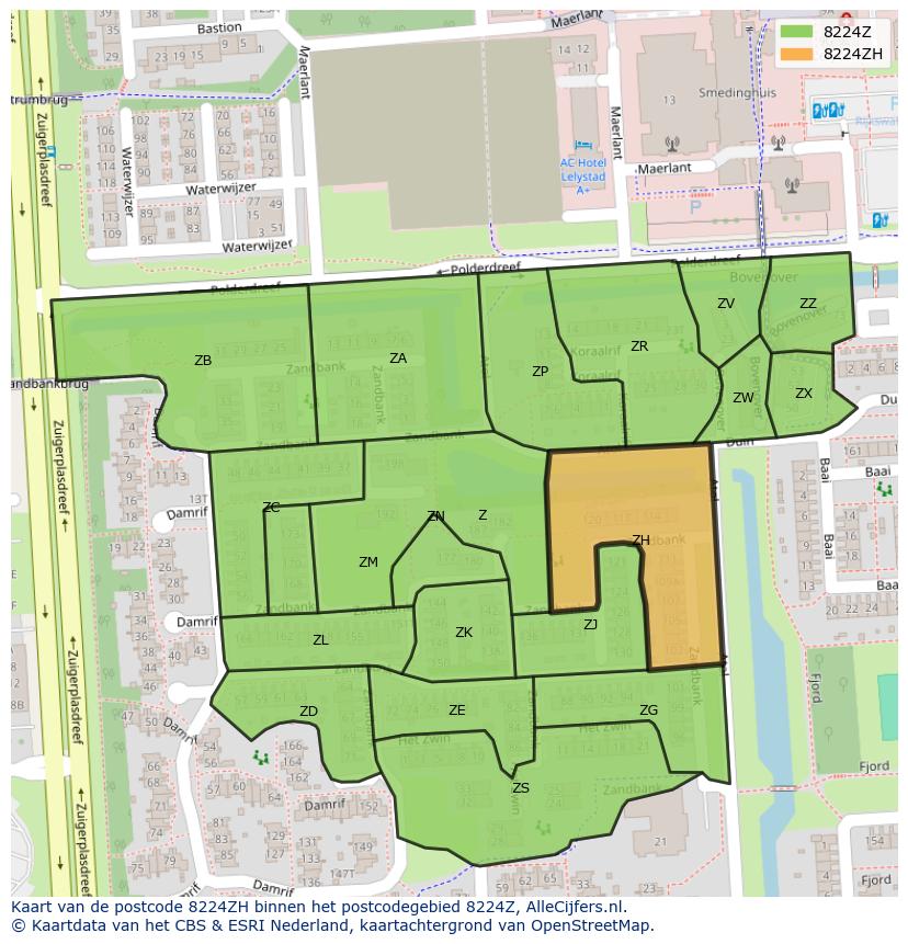 Afbeelding van het postcodegebied 8224 ZH op de kaart.