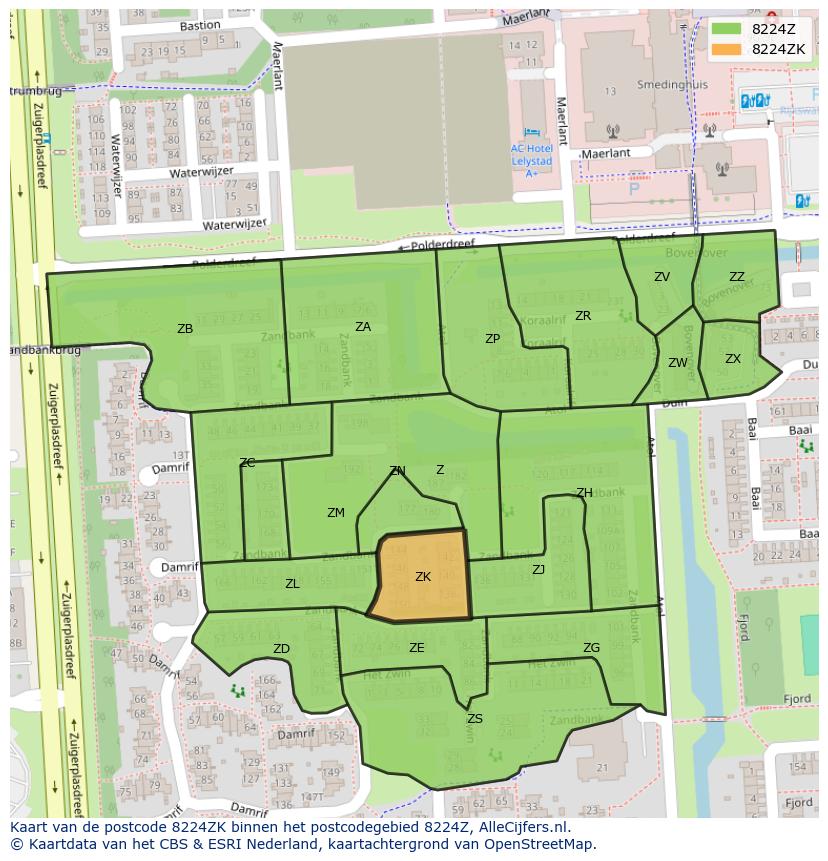 Afbeelding van het postcodegebied 8224 ZK op de kaart.