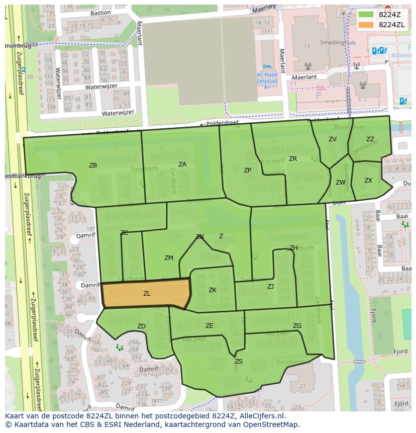Afbeelding van het postcodegebied 8224 ZL op de kaart.