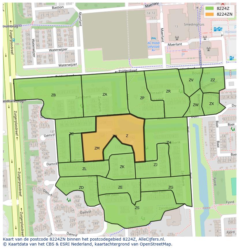 Afbeelding van het postcodegebied 8224 ZN op de kaart.