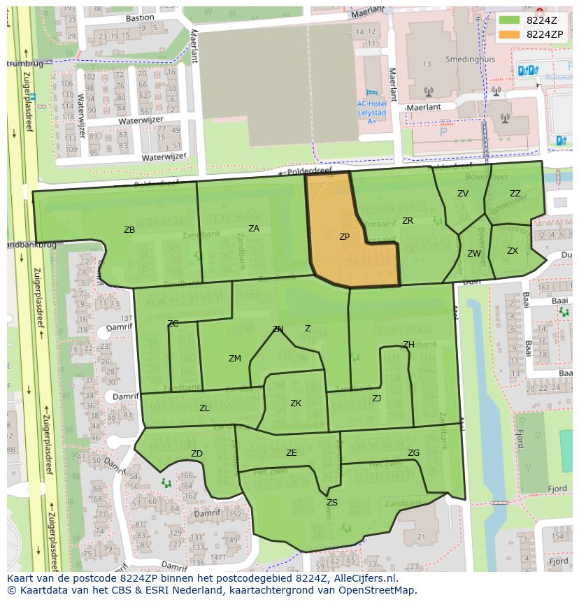Afbeelding van het postcodegebied 8224 ZP op de kaart.