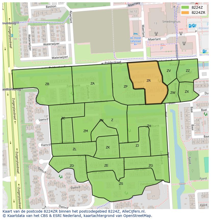 Afbeelding van het postcodegebied 8224 ZR op de kaart.