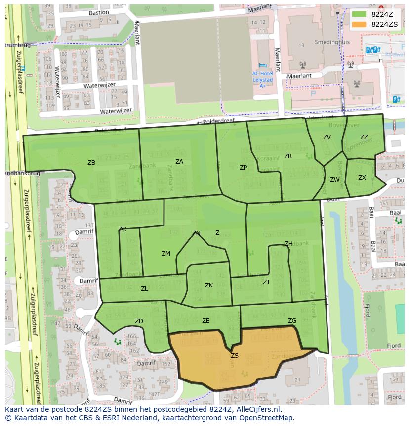 Afbeelding van het postcodegebied 8224 ZS op de kaart.