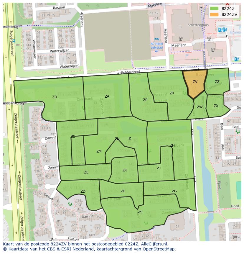 Afbeelding van het postcodegebied 8224 ZV op de kaart.