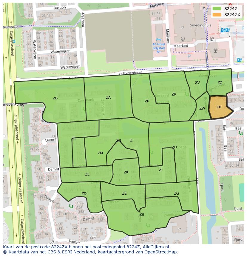 Afbeelding van het postcodegebied 8224 ZX op de kaart.