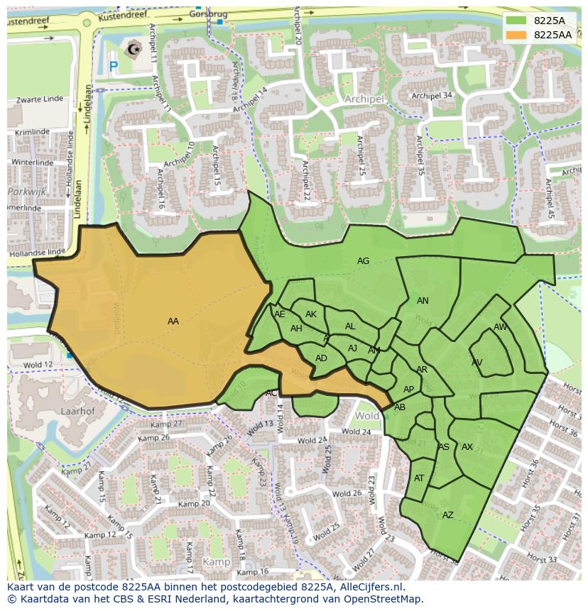 Afbeelding van het postcodegebied 8225 AA op de kaart.