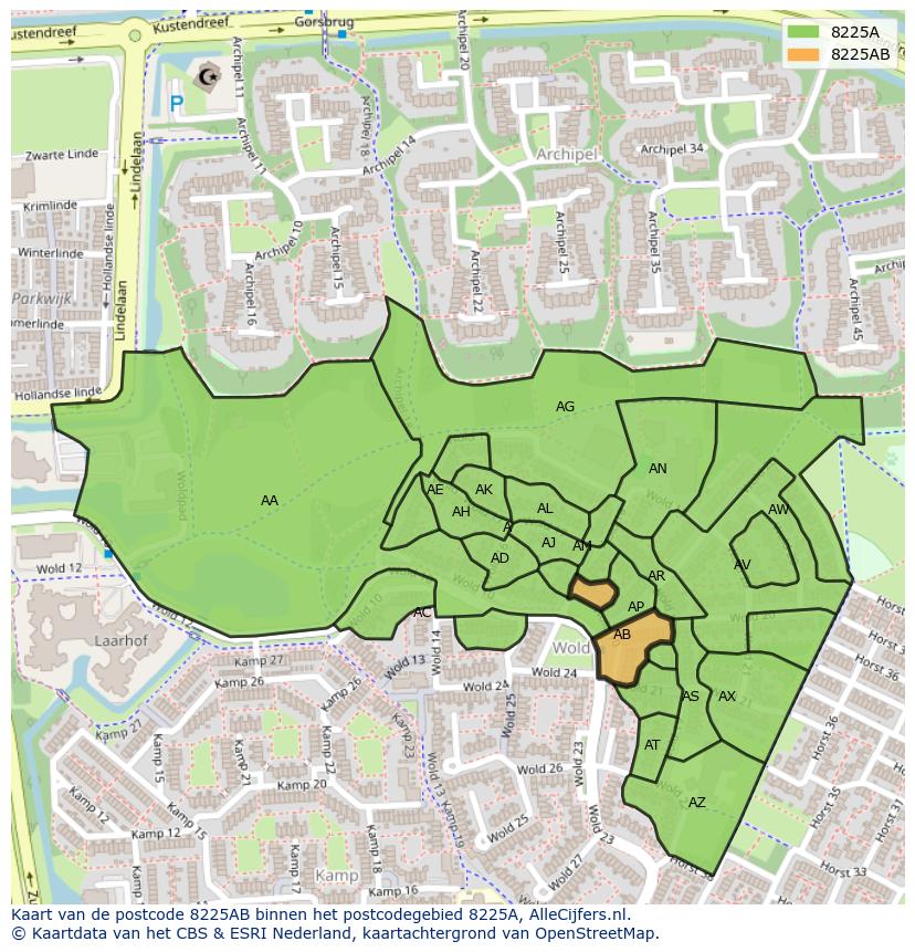 Afbeelding van het postcodegebied 8225 AB op de kaart.