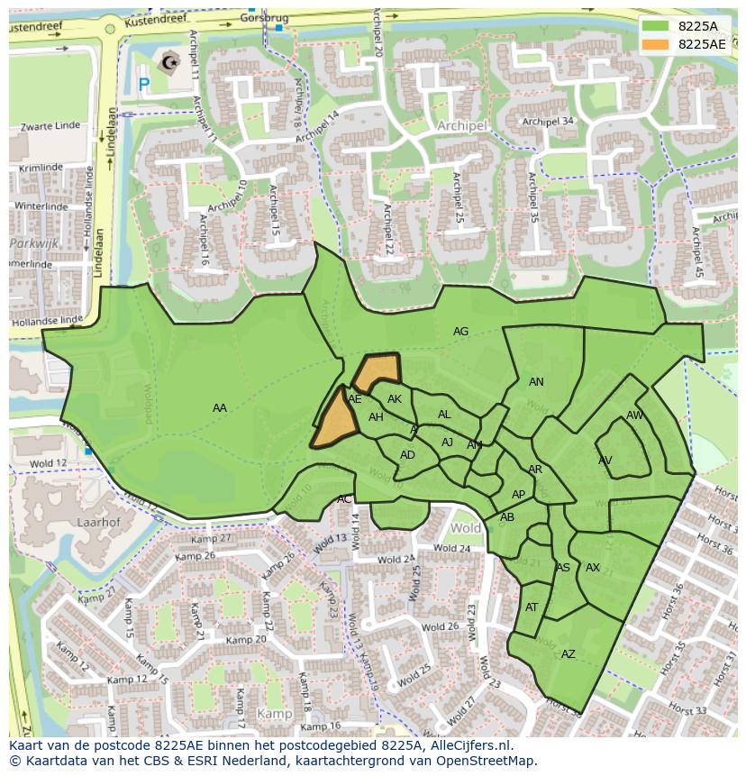 Afbeelding van het postcodegebied 8225 AE op de kaart.