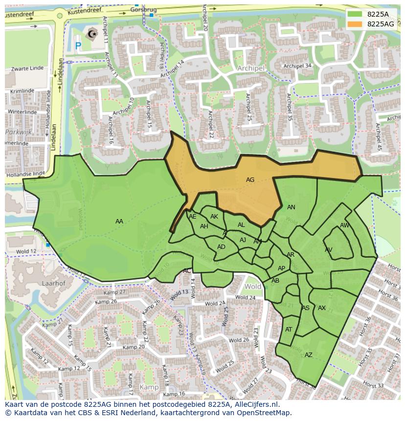 Afbeelding van het postcodegebied 8225 AG op de kaart.