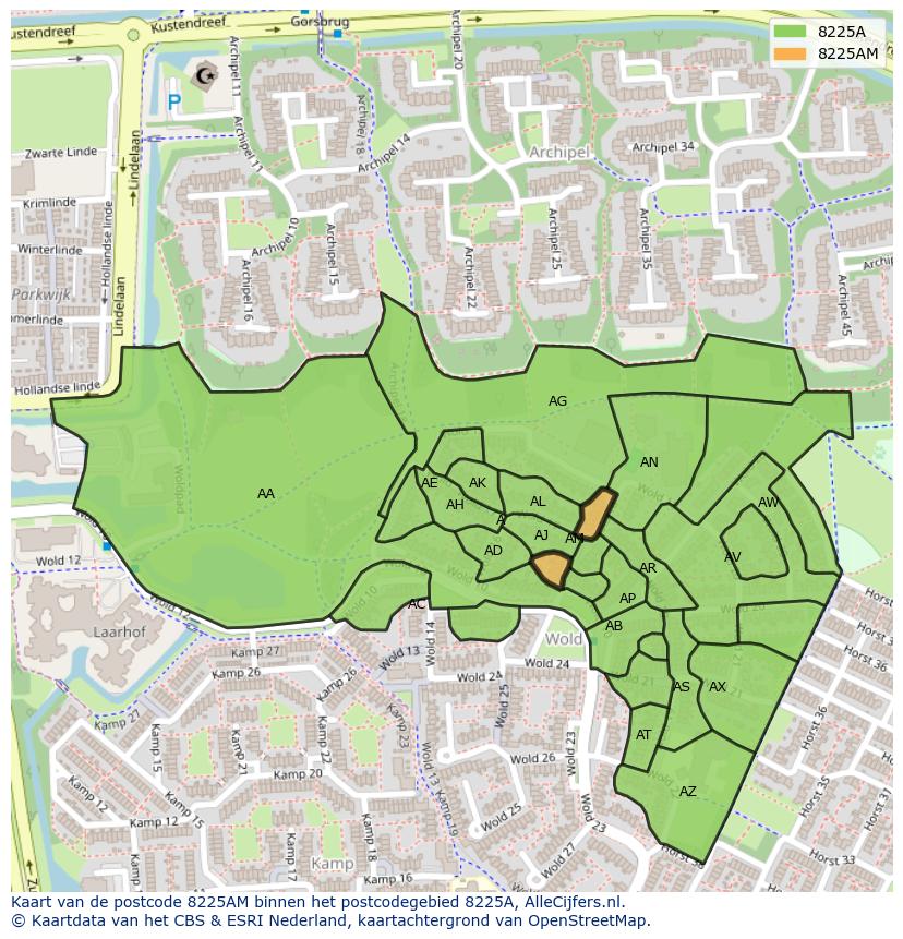 Afbeelding van het postcodegebied 8225 AM op de kaart.