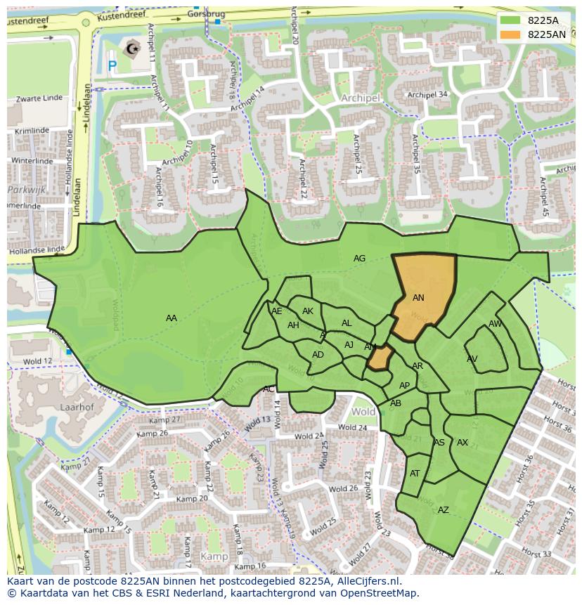 Afbeelding van het postcodegebied 8225 AN op de kaart.