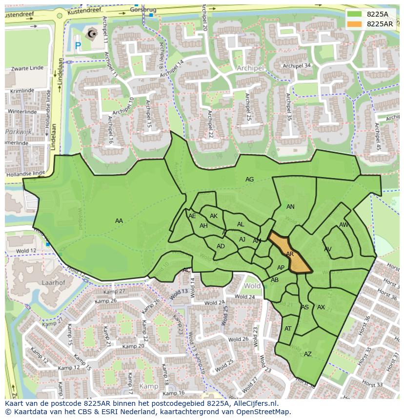 Afbeelding van het postcodegebied 8225 AR op de kaart.