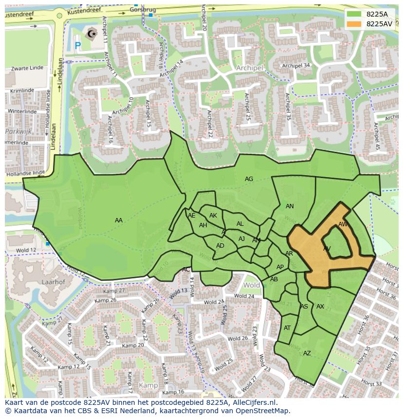 Afbeelding van het postcodegebied 8225 AV op de kaart.