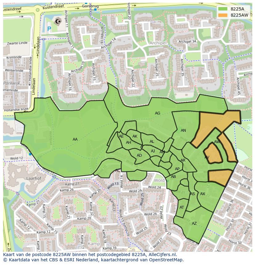 Afbeelding van het postcodegebied 8225 AW op de kaart.