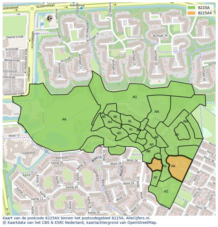 Afbeelding van het postcodegebied 8225 AX op de kaart.