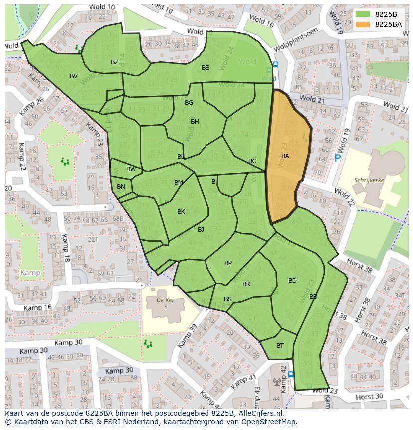 Afbeelding van het postcodegebied 8225 BA op de kaart.