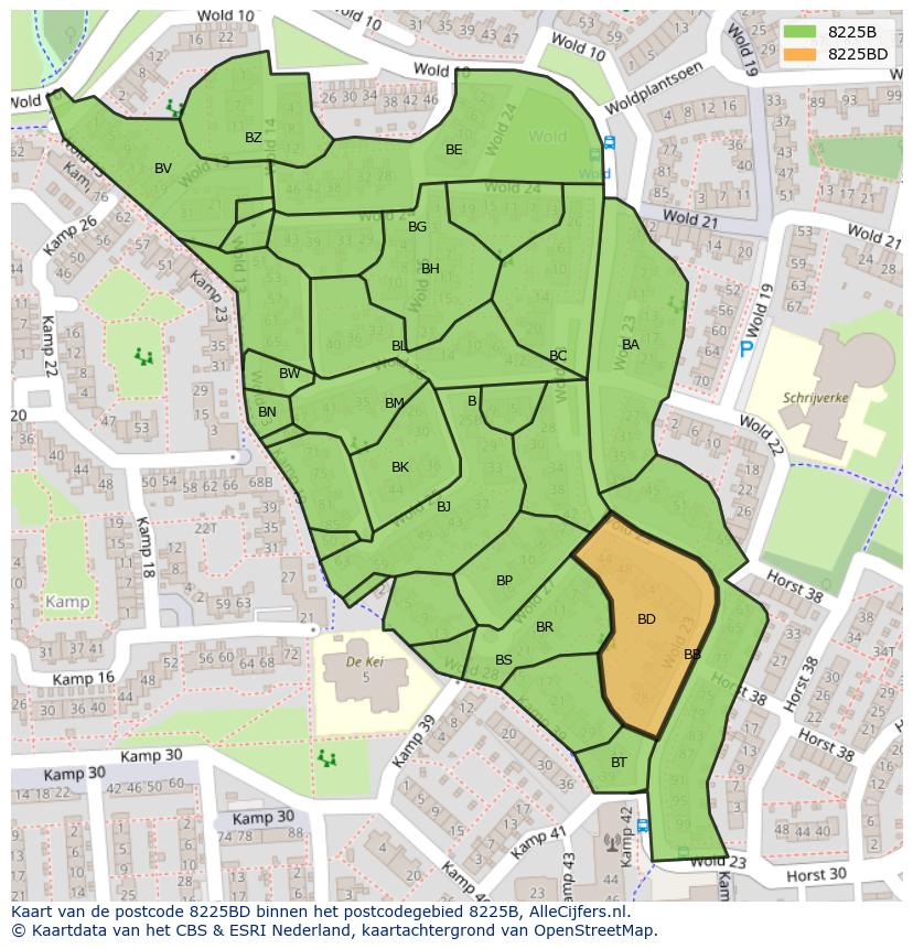 Afbeelding van het postcodegebied 8225 BD op de kaart.