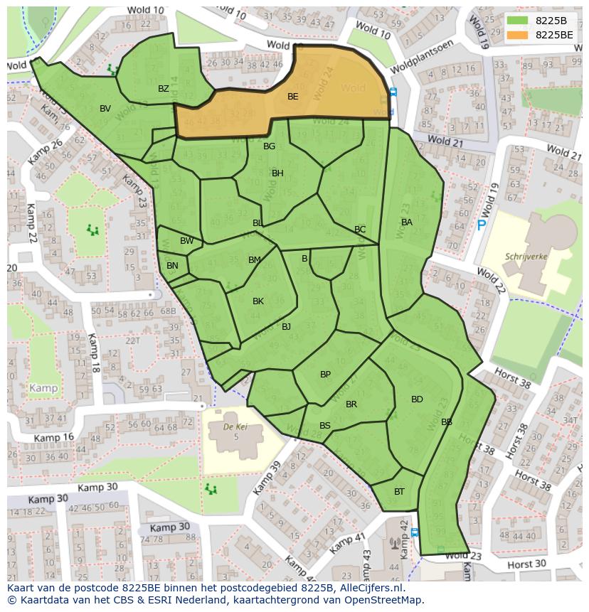 Afbeelding van het postcodegebied 8225 BE op de kaart.