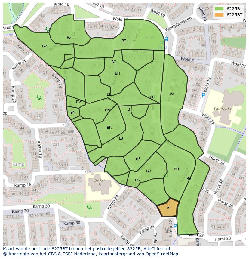 Afbeelding van het postcodegebied 8225 BT op de kaart.