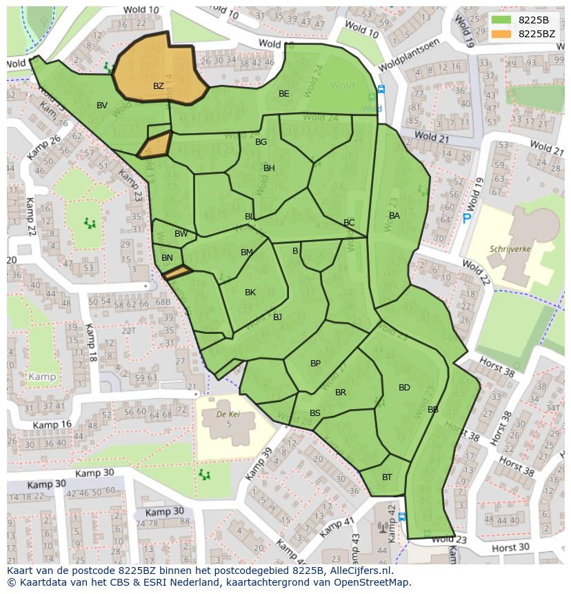 Afbeelding van het postcodegebied 8225 BZ op de kaart.