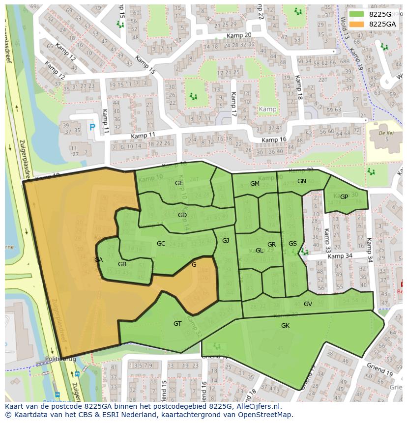 Afbeelding van het postcodegebied 8225 GA op de kaart.