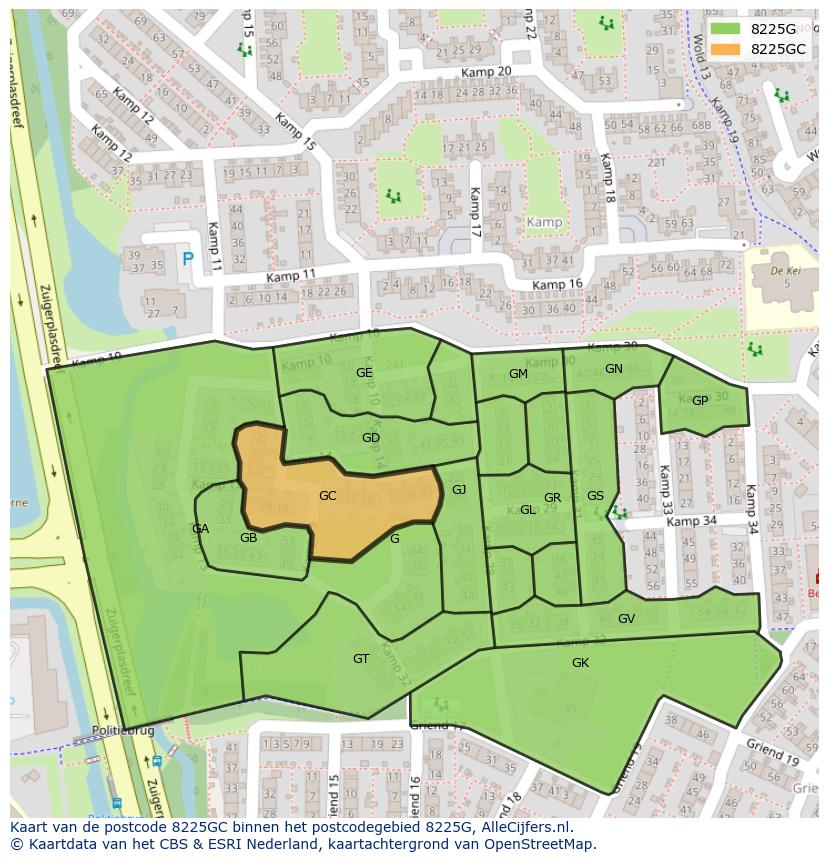Afbeelding van het postcodegebied 8225 GC op de kaart.