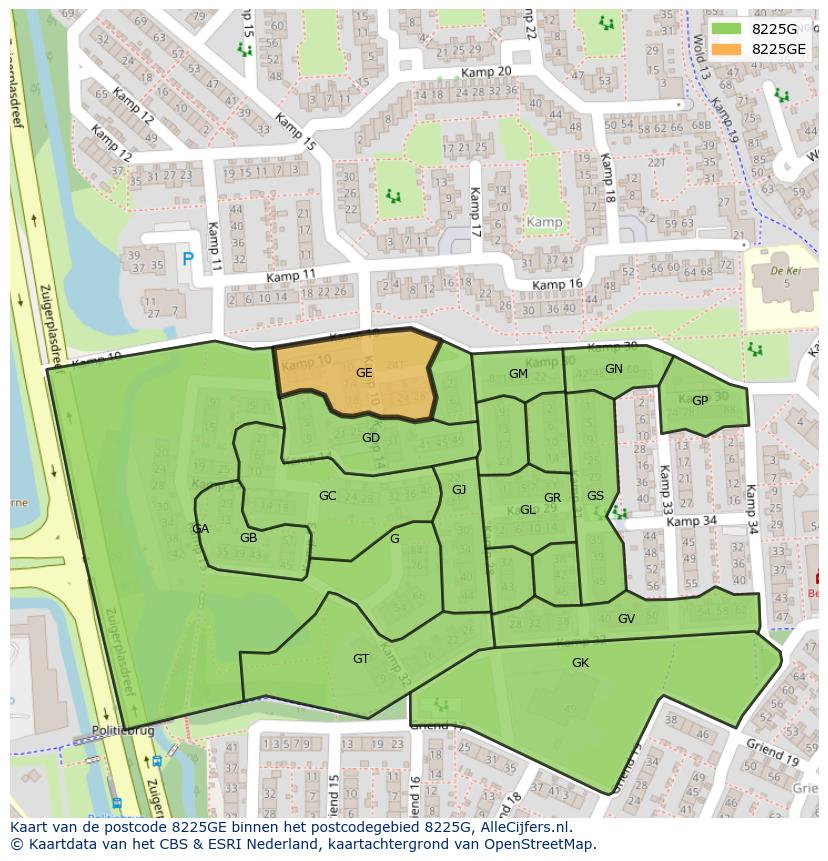 Afbeelding van het postcodegebied 8225 GE op de kaart.