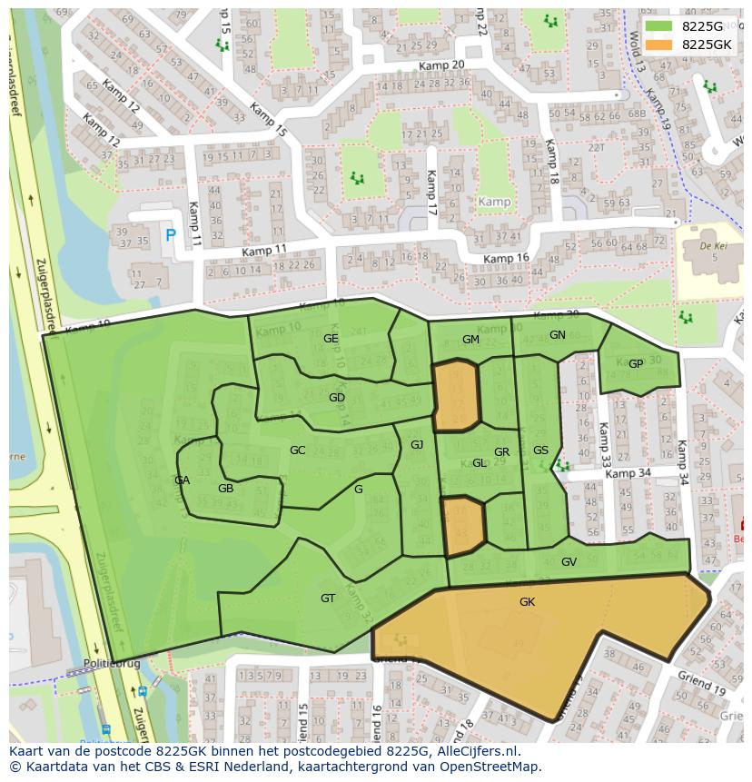 Afbeelding van het postcodegebied 8225 GK op de kaart.