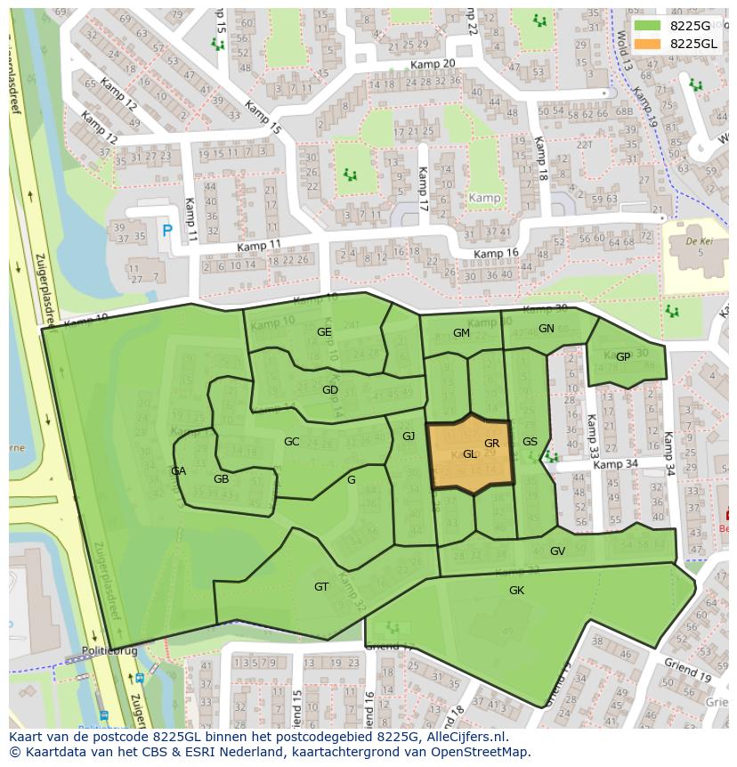 Afbeelding van het postcodegebied 8225 GL op de kaart.