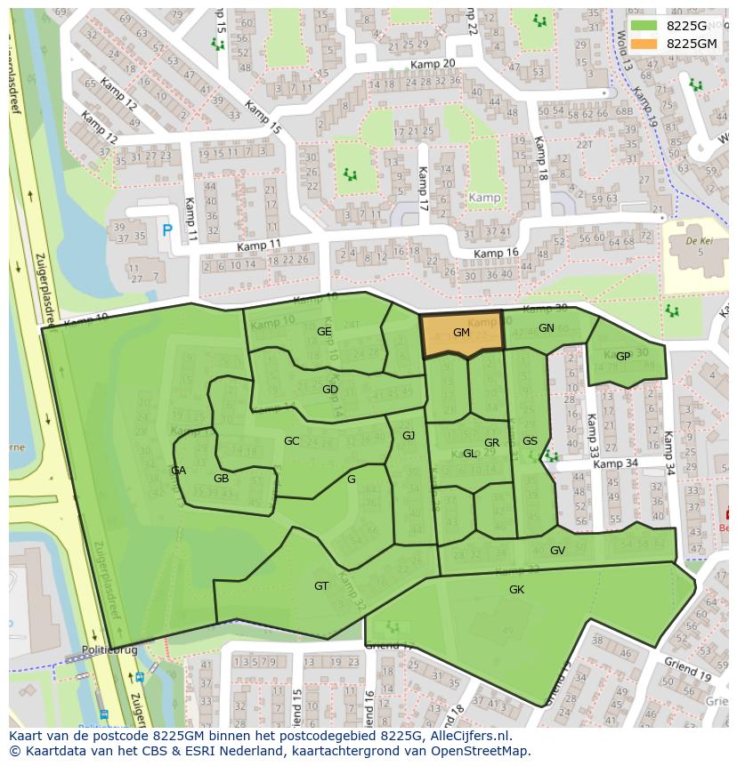 Afbeelding van het postcodegebied 8225 GM op de kaart.