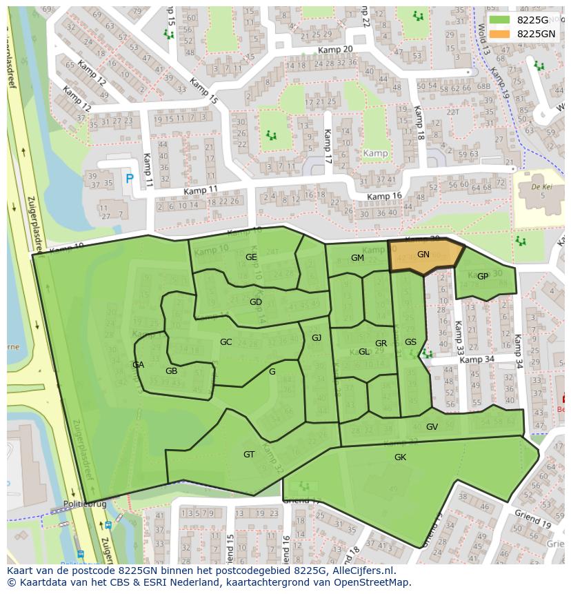 Afbeelding van het postcodegebied 8225 GN op de kaart.
