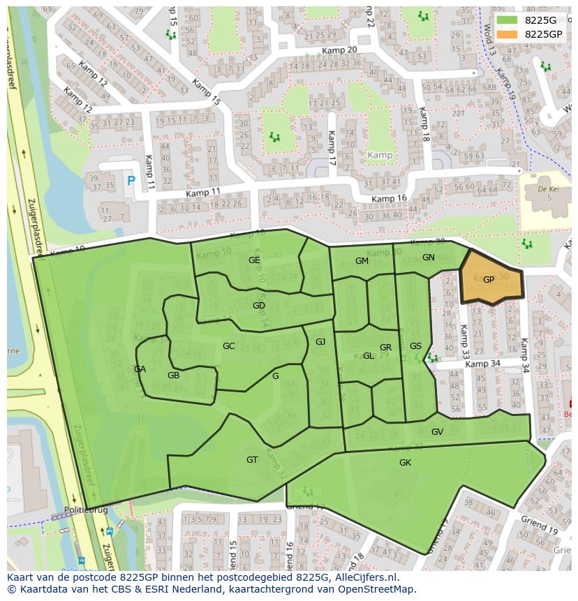 Afbeelding van het postcodegebied 8225 GP op de kaart.