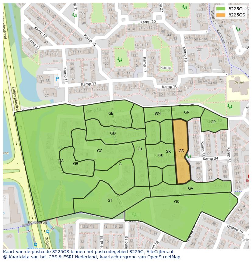 Afbeelding van het postcodegebied 8225 GS op de kaart.