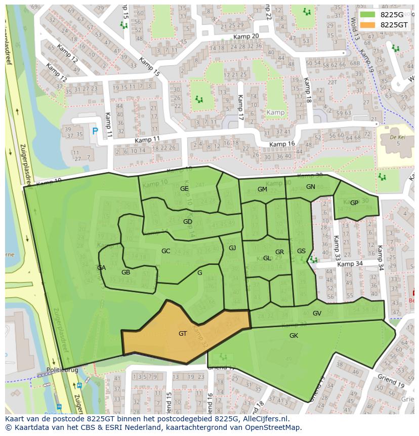 Afbeelding van het postcodegebied 8225 GT op de kaart.