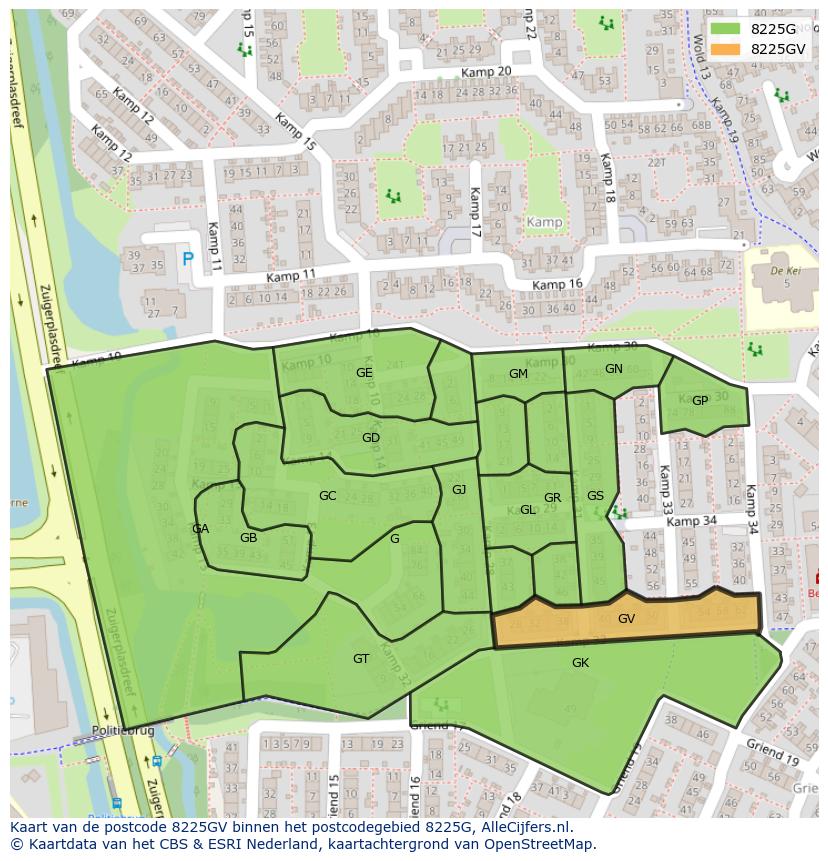 Afbeelding van het postcodegebied 8225 GV op de kaart.