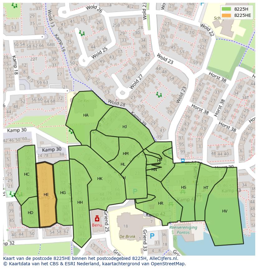 Afbeelding van het postcodegebied 8225 HE op de kaart.
