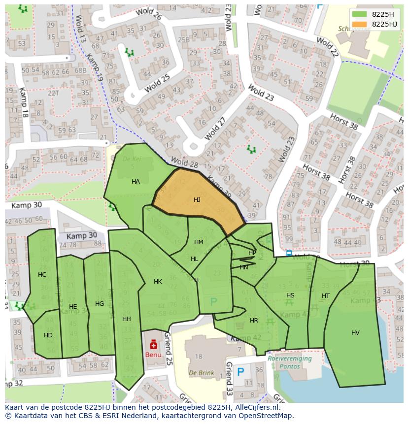 Afbeelding van het postcodegebied 8225 HJ op de kaart.