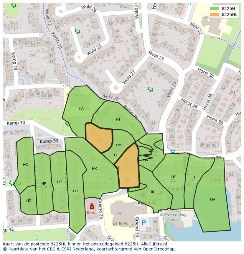 Afbeelding van het postcodegebied 8225 HL op de kaart.